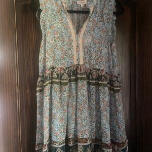 Umgee Light Blue Floral Boho Tunic with Coral & Olive Accents